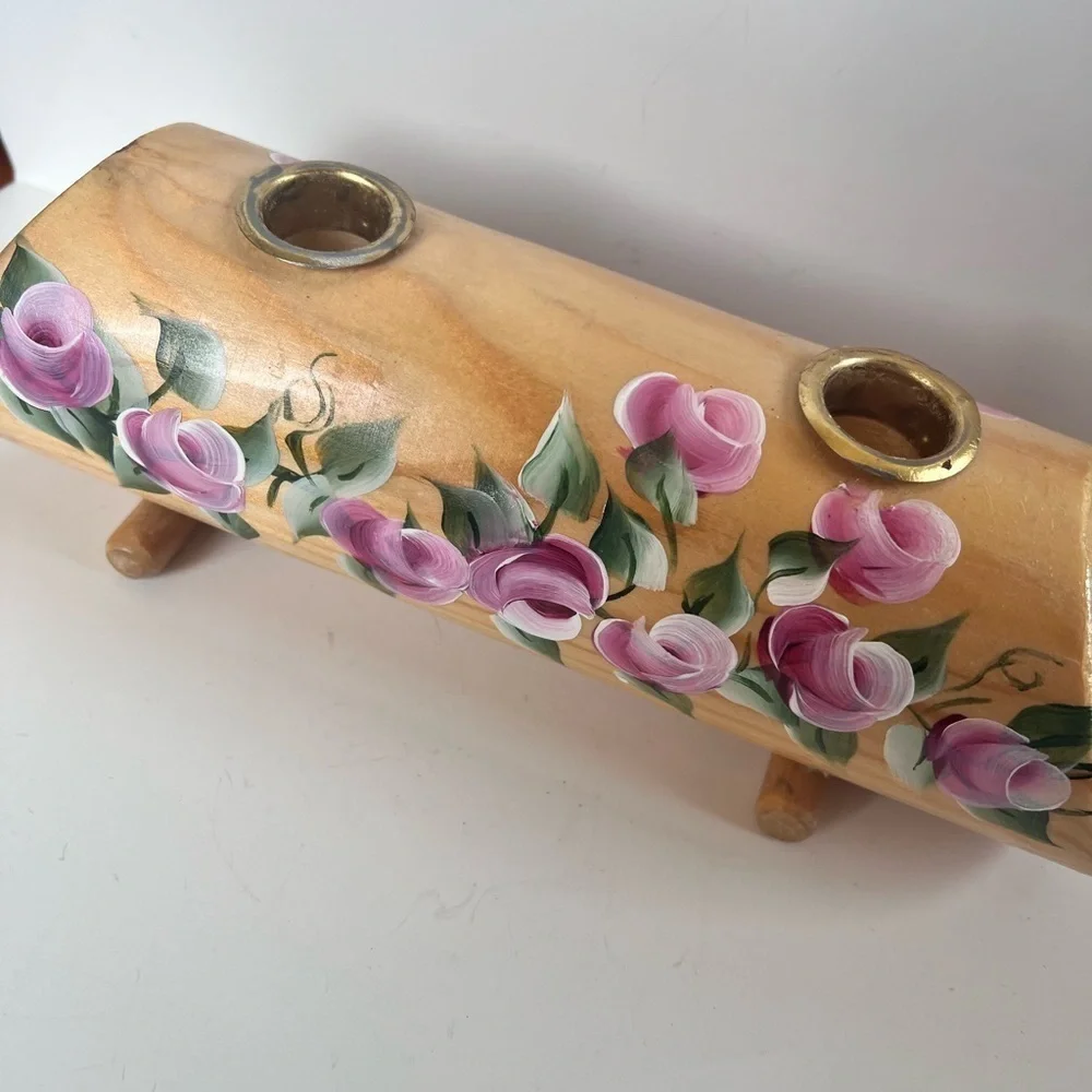 Vintage Wood Tapered Candle Holder Natural Hand Painted Carved Roses 90s Y2K